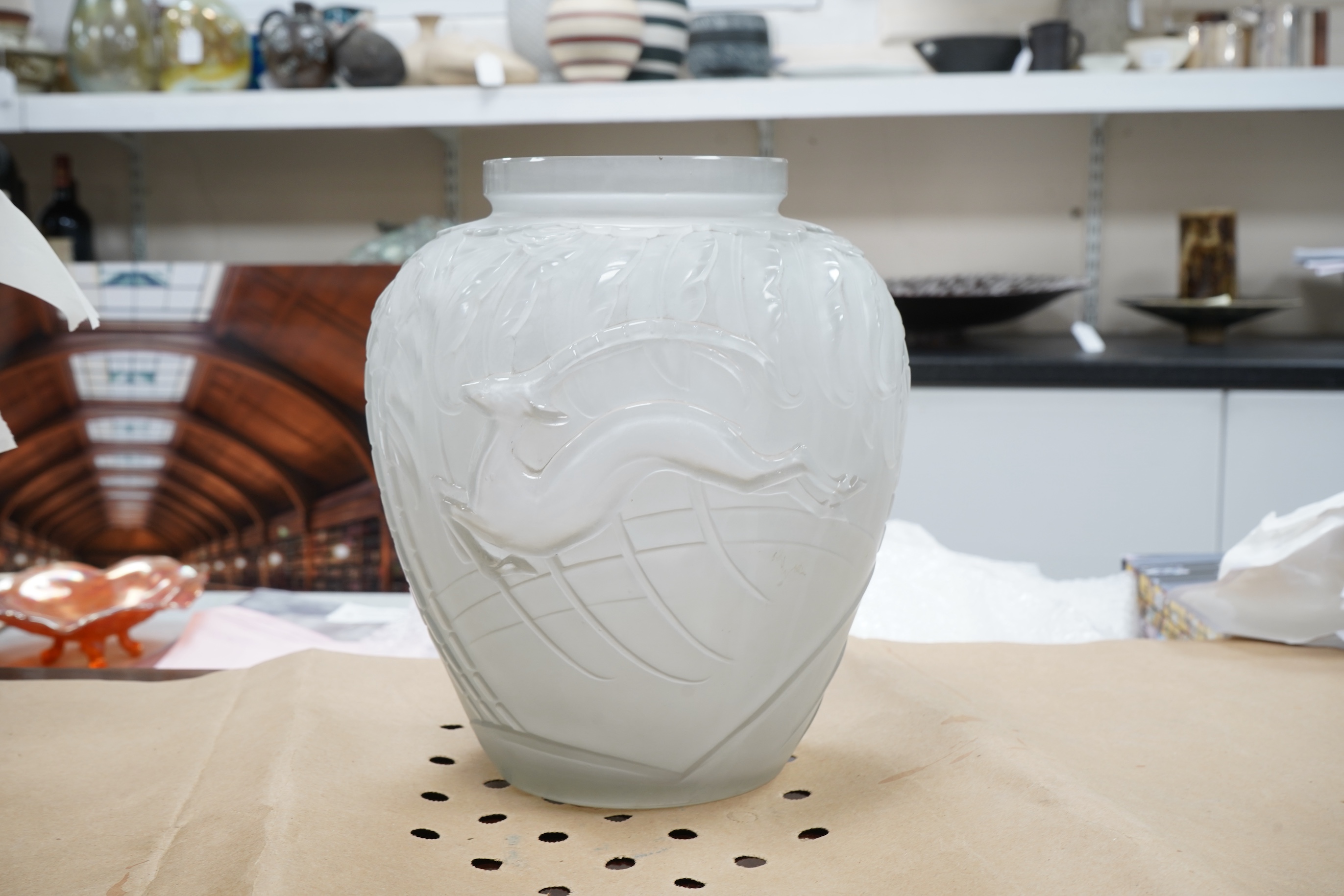 An Etling French frosted glass vase, ‘the huntress’ 29cm high